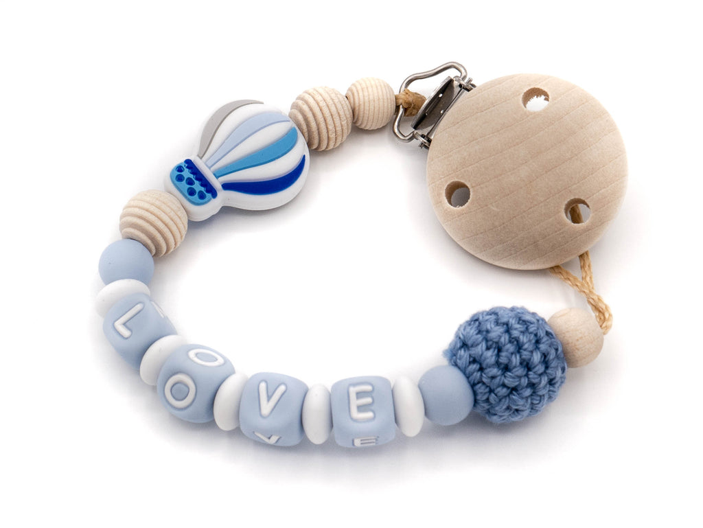Handgefertigte und individuelle Schnullerkette blauer Ballon - Schnullerkettenwelt