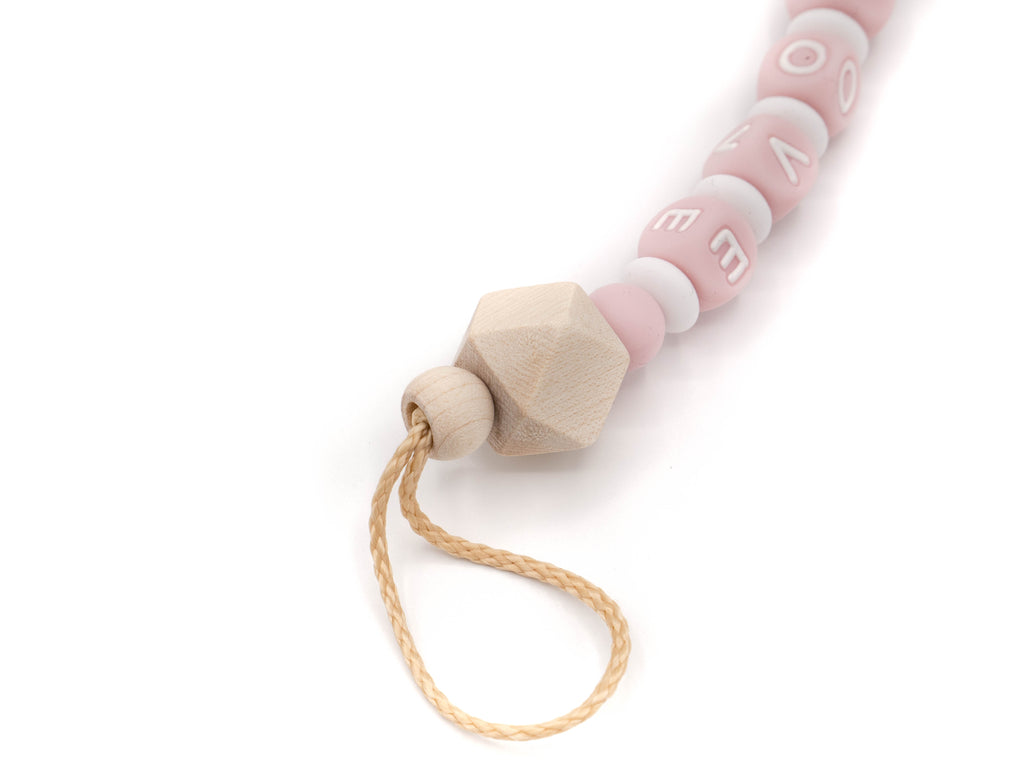 Handgefertigte und individuelle Schnullerkette rosa Rose - Schnullerkettenwelt