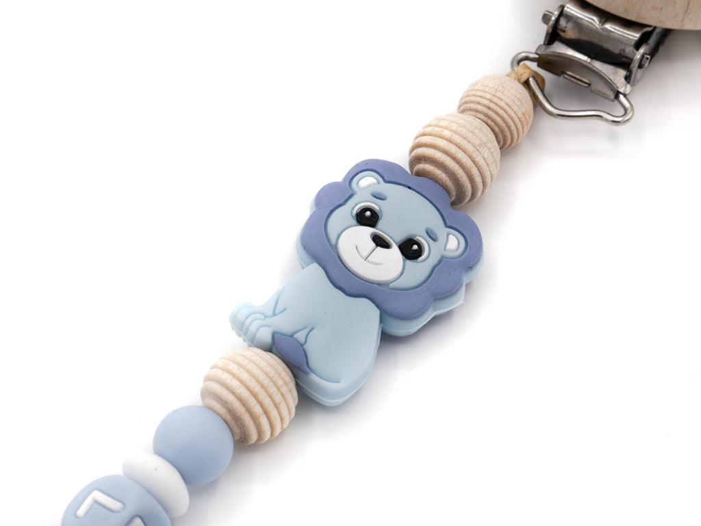 Handgefertigte und individuelle Schnullerkette blauer Löwe - Schnullerkettenwelt