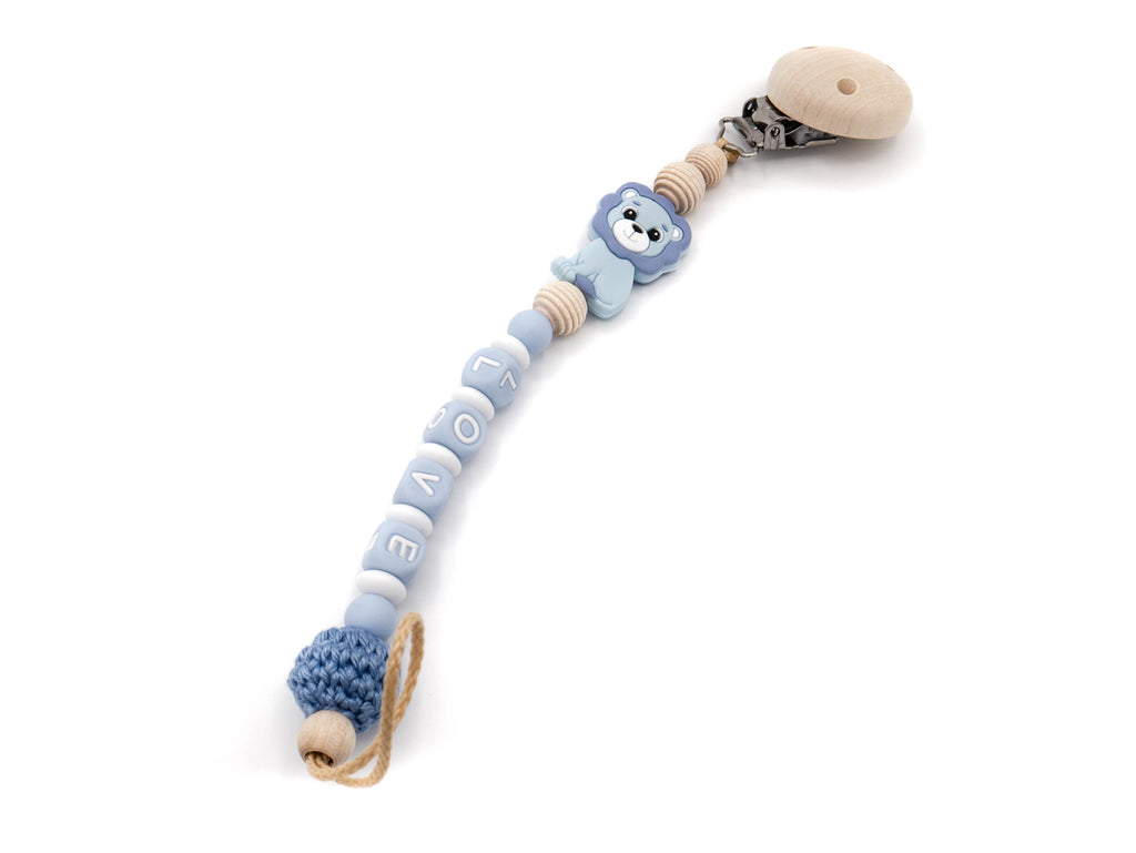Handgefertigte und individuelle Schnullerkette blauer Löwe - Schnullerkettenwelt