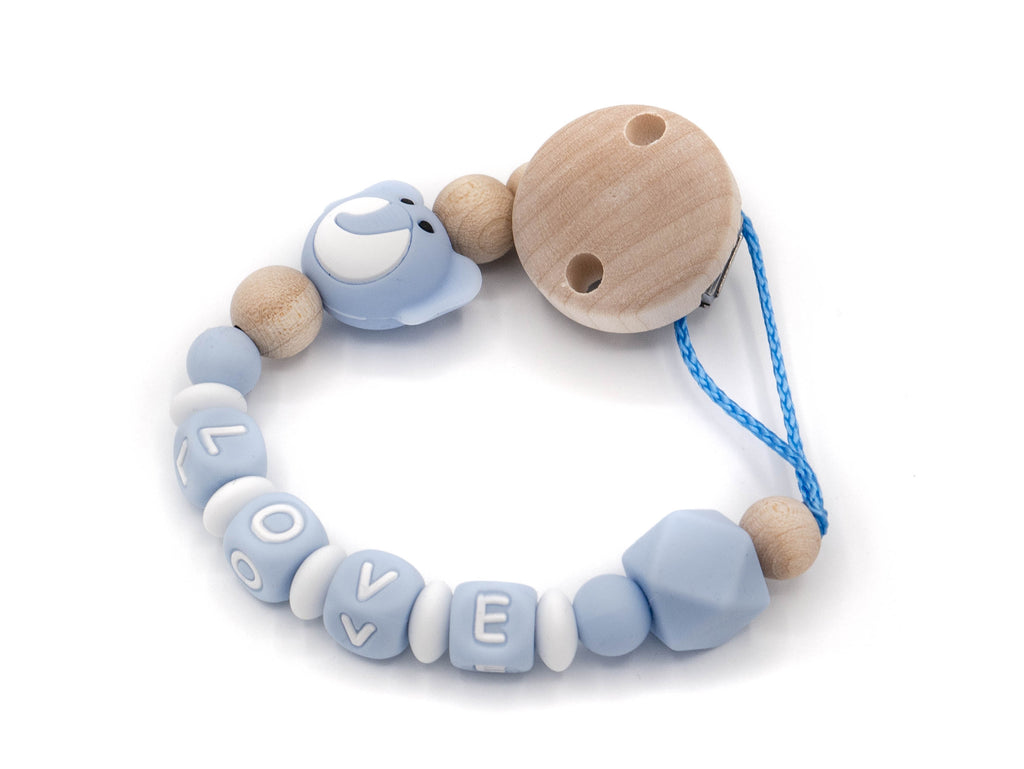 Handgefertigte und individuelle Schnullerkette blauer Elefant - Schnullerkettenwelt