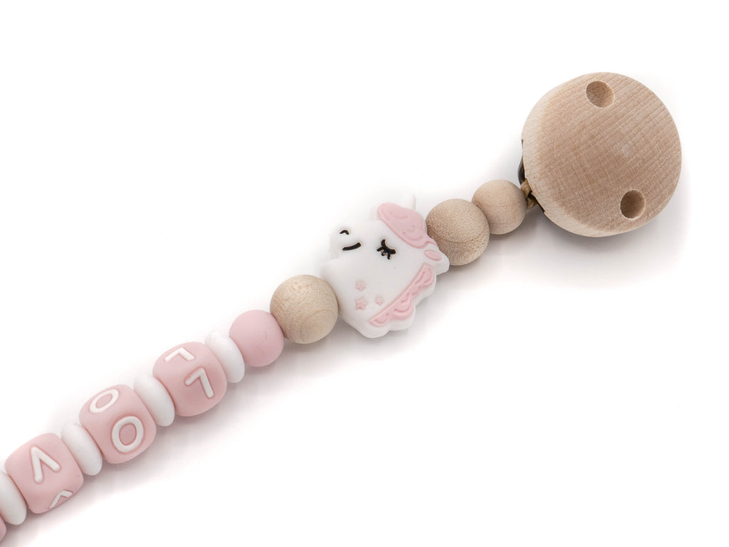 Handgefertigte und individuelle Schnullerkette rosa Einhorn - Schnullerkettenwelt