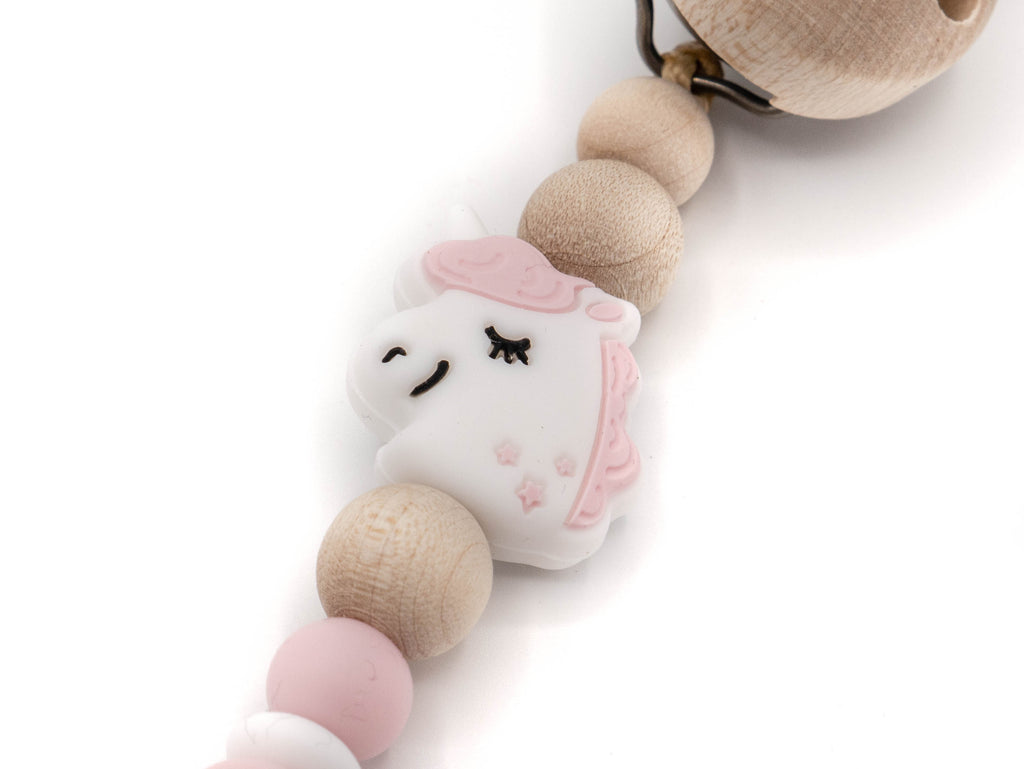 Handgefertigte und individuelle Schnullerkette rosa Einhorn - Schnullerkettenwelt