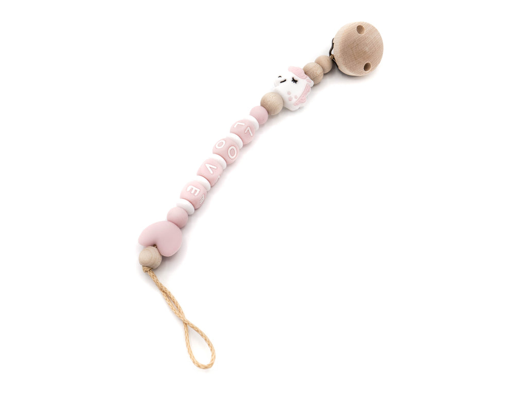 Handgefertigte und individuelle Schnullerkette rosa Einhorn - Schnullerkettenwelt