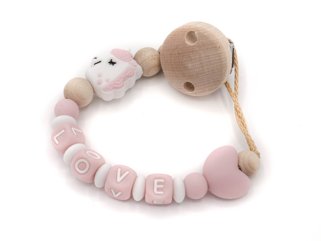 Handgefertigte und individuelle Schnullerkette rosa Einhorn - Schnullerkettenwelt