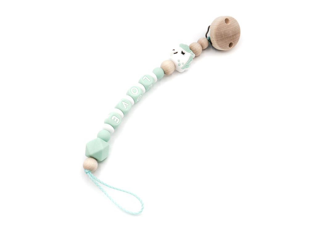 Handgefertigte und individuelle Schnullerkette mint Einhorn - Schnullerkettenwelt