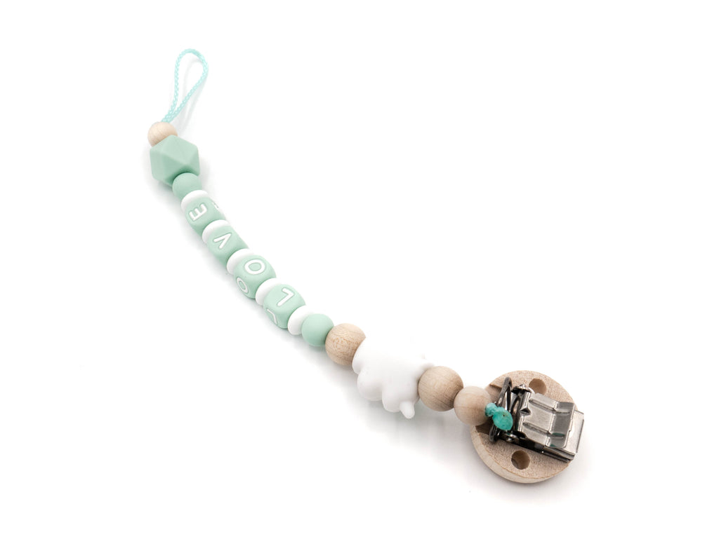 Handgefertigte und individuelle Schnullerkette mint Einhorn - Schnullerkettenwelt