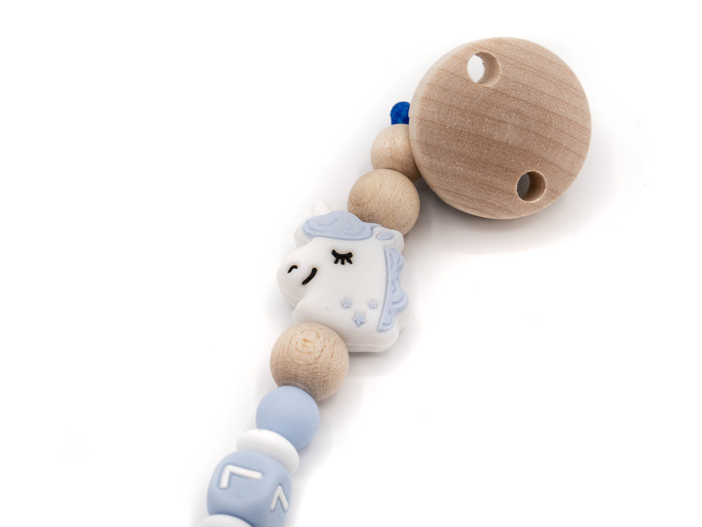 Handgefertigte und individuelle Schnullerkette blaues Einhorn - Schnullerkettenwelt
