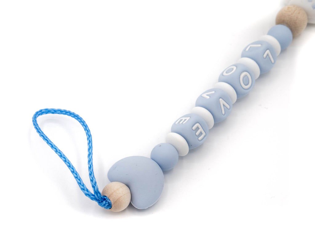 Handgefertigte und individuelle Schnullerkette blaues Einhorn - Schnullerkettenwelt