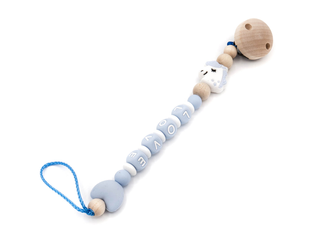 Handgefertigte und individuelle Schnullerkette blaues Einhorn - Schnullerkettenwelt
