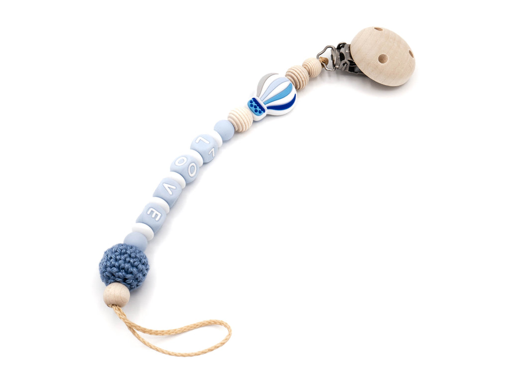 Handgefertigte und individuelle Schnullerkette blauer Ballon - Schnullerkettenwelt